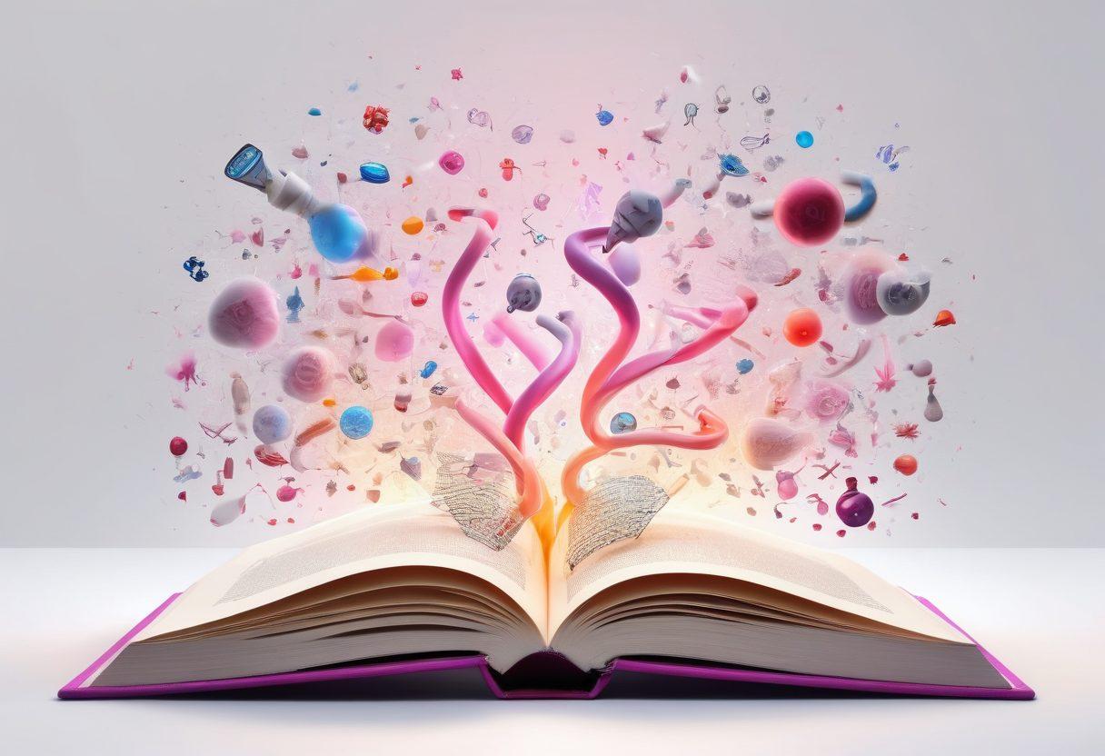 An open book with glowing pages representing knowledge, surrounded by vibrant illustrations of tumors, researchers in lab coats, and educational symbols like graduation caps and light bulbs. The background features a soft gradient that signifies hope and progress in cancer research. Add elements like DNA strands intertwining with the book to symbolize advancements. super-realistic. vibrant colors. white background.