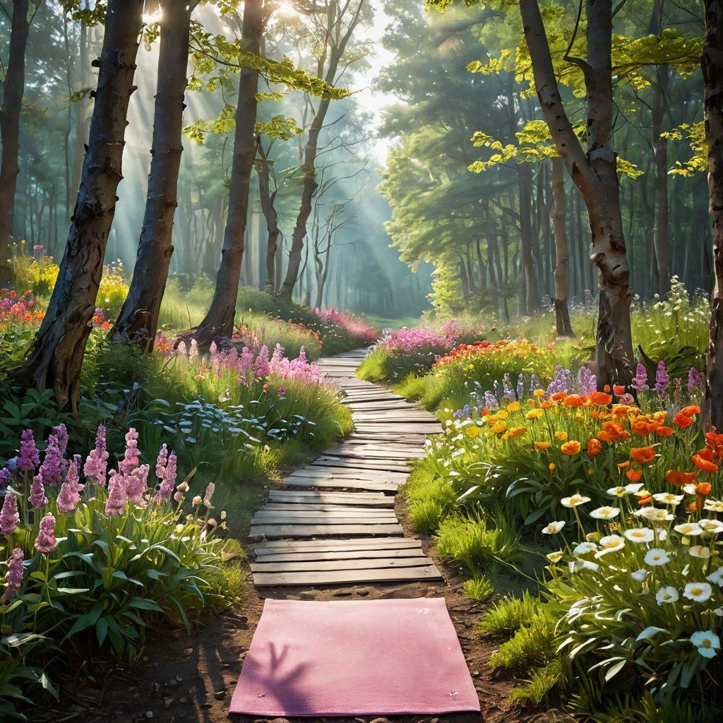 A serene landscape depicting a path leading from a dark forest of despair bathed in soft light towards a bright and colorful field of blooming flowers symbolizing hope and healing. Along the path, various wellness symbols such as yoga mats, healthy foods, and supportive hands are illustrated. The atmosphere should evoke tranquility and encouragement, inviting cancer patients to embark on their healing journey. soft focus. vibrant colors. nature-inspired.