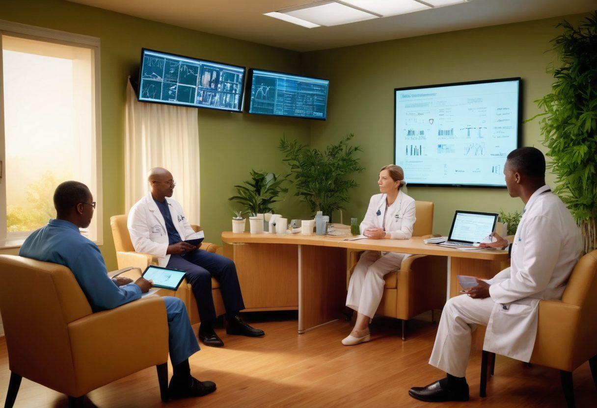 A serene healthcare setting featuring a diverse group of patients and doctors engaged in a supportive discussion about oncology advancements. Include visuals of medical charts, digital tablets displaying cancer research updates, and a warm, inviting atmosphere. Highlight elements of hope and empowerment, such as soft lighting and greenery in the background. super-realistic. vibrant colors. warm lighting.